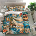 Surfing bedding set displayed in a bright bedroom with tropical beach artwork, ocean waves, surfboards, flowers, and shells