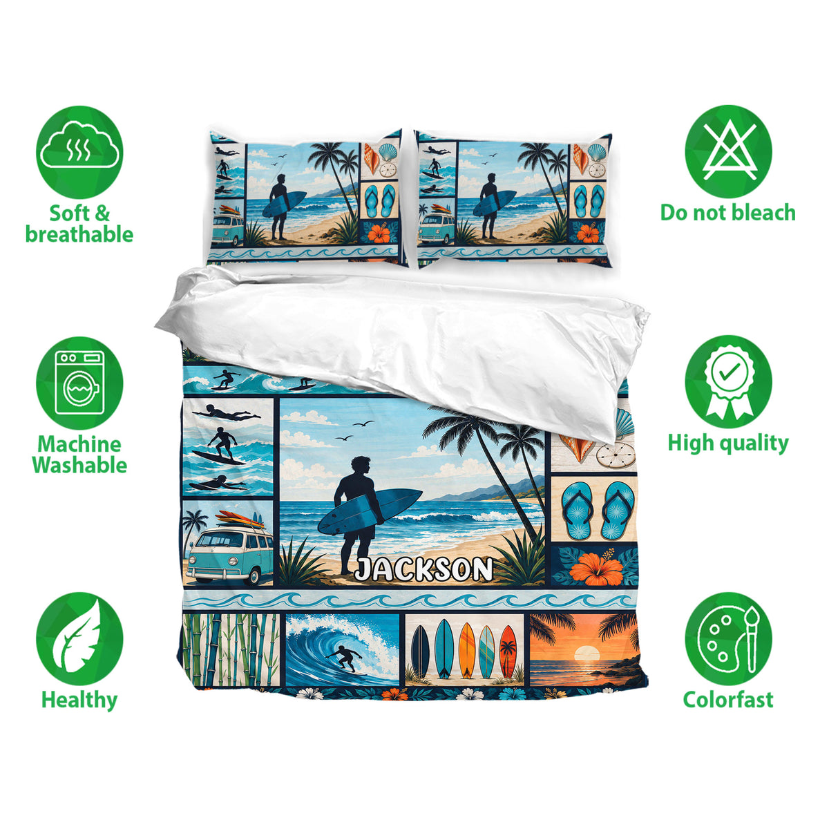 Surfing bedding set with coastal artwork, ocean waves, palm trees and colorful beach scenes shown on a bed