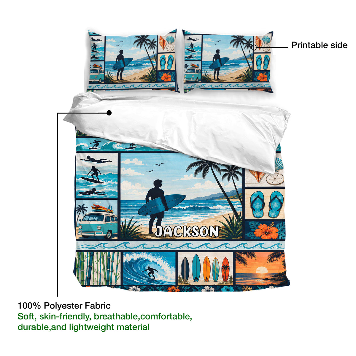 Surfing duvet cover set showing a printed coastal design with surfers, ocean waves, palm trees and surfboards