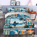 Coastal surfing duvet cover bedding set styled in a bedroom with vibrant waves, beach scenes and palm trees