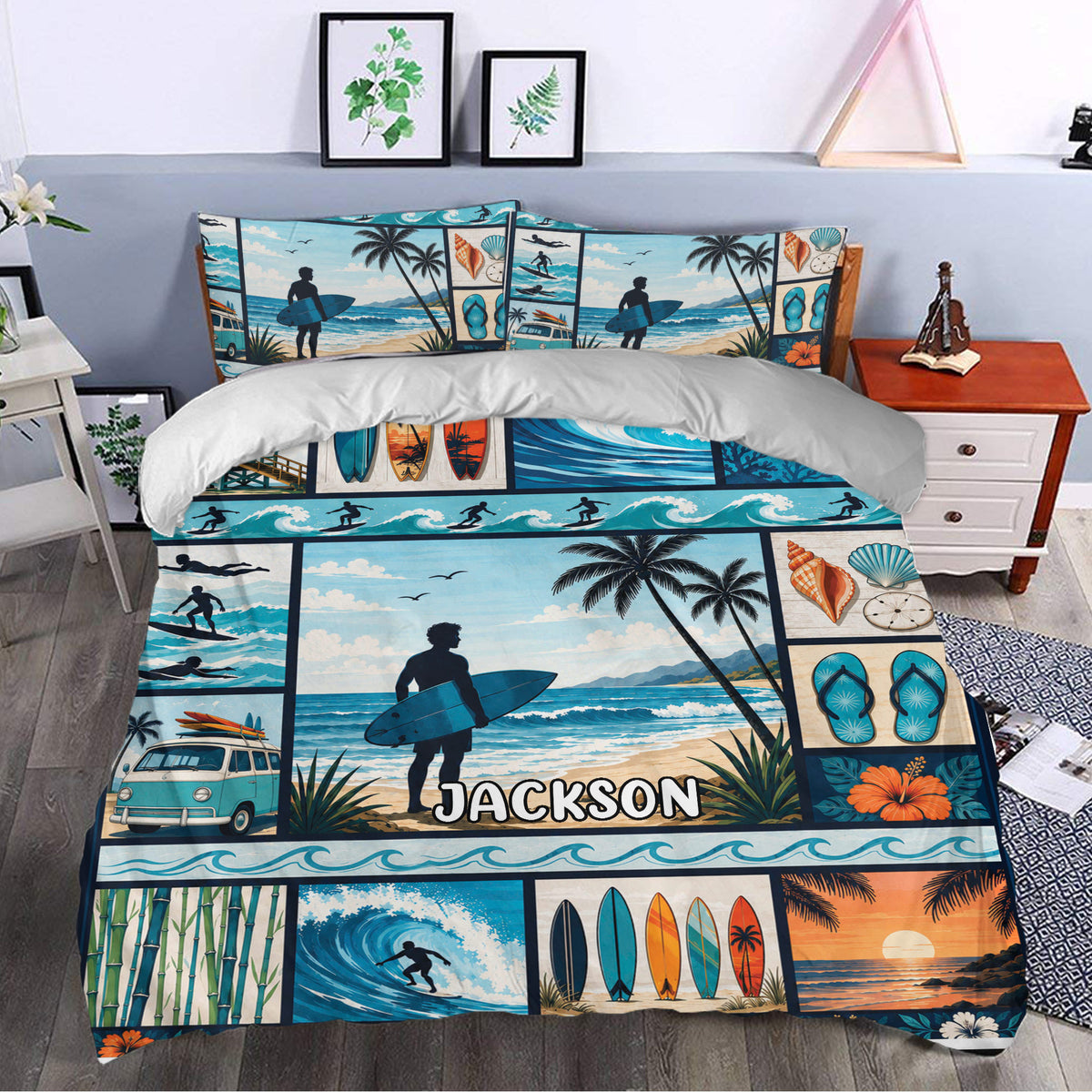 Coastal surfing duvet cover bedding set styled in a bedroom with vibrant waves, beach scenes and palm trees