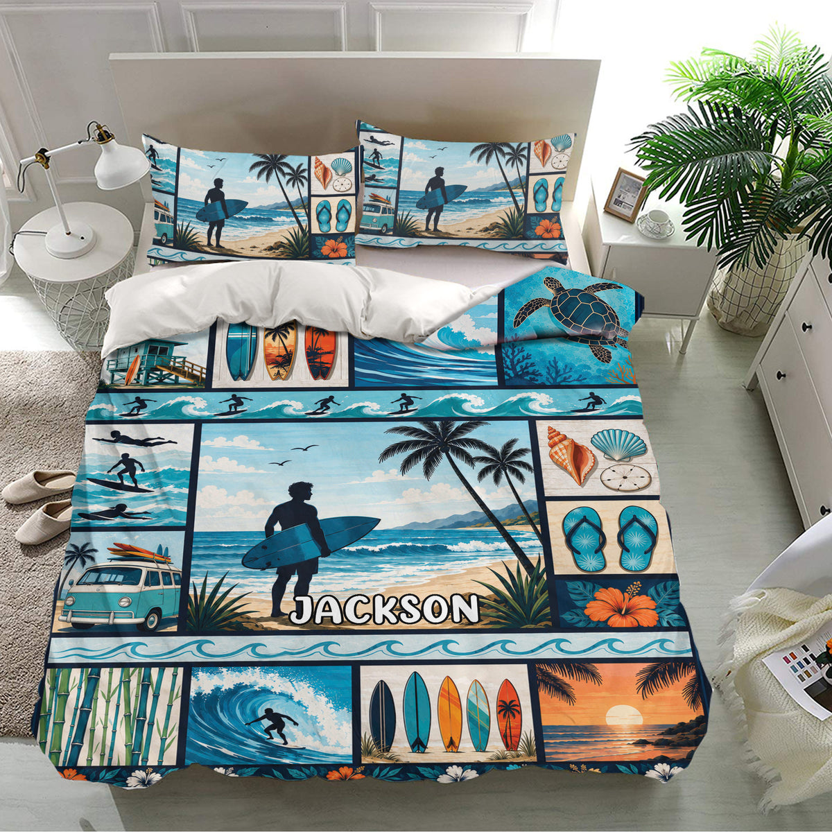 Surfing duvet cover set in a bright bedroom featuring ocean waves, surfboards, tropical palms and sea turtle artwork