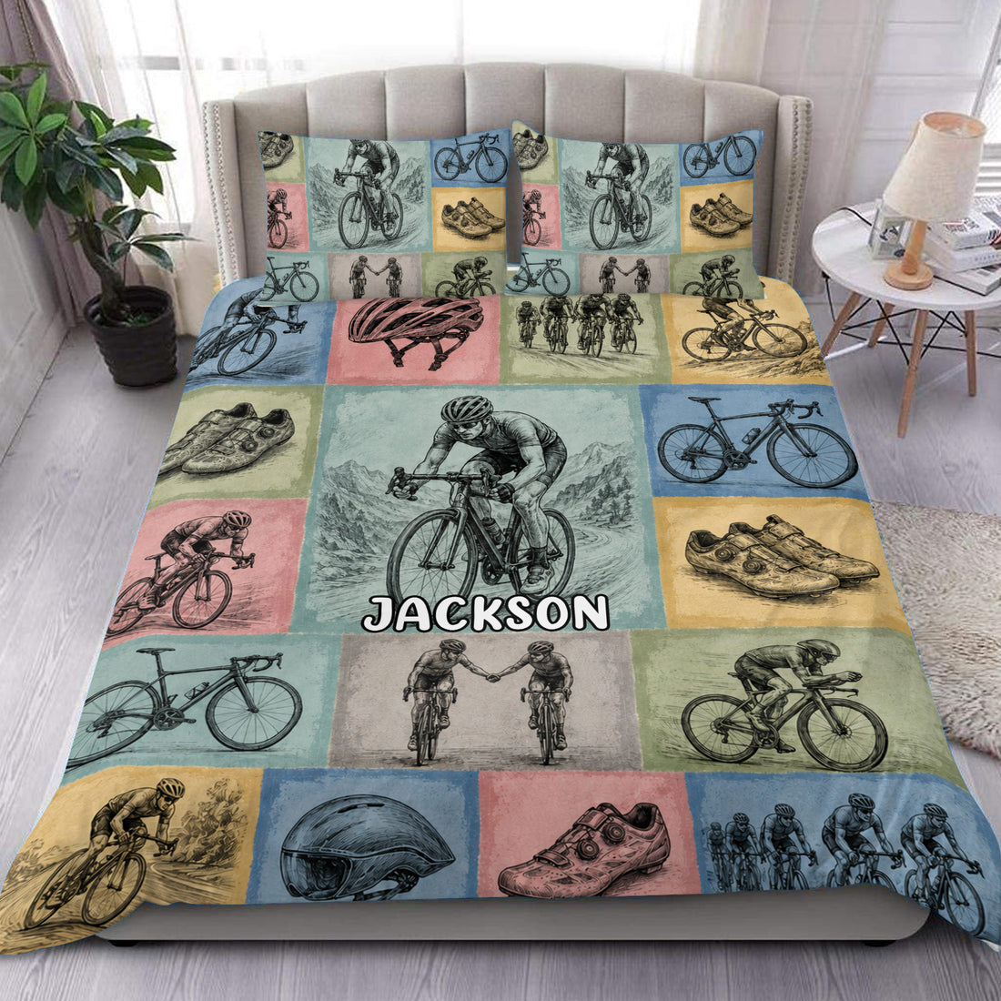 Bicycle duvet cover set displayed on a bed with vintage cycling scenes, bikes, helmets, shoes, and cyclists