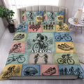 Bicycle duvet cover set displayed on a bed with vintage cycling scenes, bikes, helmets, shoes, and cyclists
