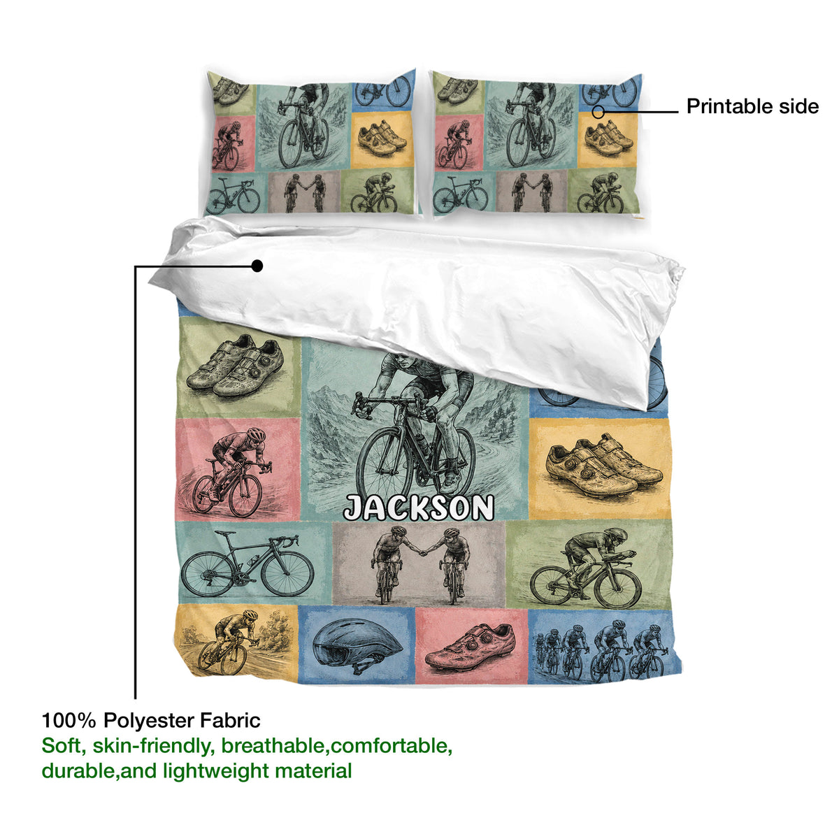 Bicycle duvet cover bedding set with printable cycling artwork and soft lightweight fabric detail
