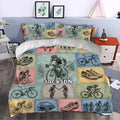 Bicycle duvet cover styled in a bedroom with colorful cyclist, bicycle, helmet, and road-riding panels