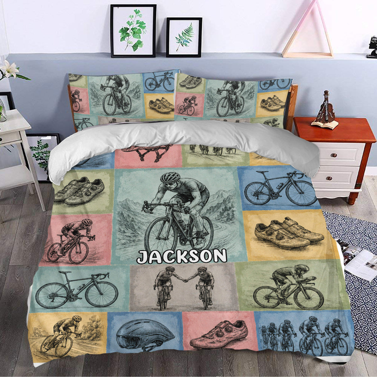 Bicycle duvet cover styled in a bedroom with colorful cyclist, bicycle, helmet, and road-riding panels