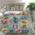 Vintage bicycle bedding set displayed in a bright bedroom with cyclists, bikes, helmets, and cycling shoes