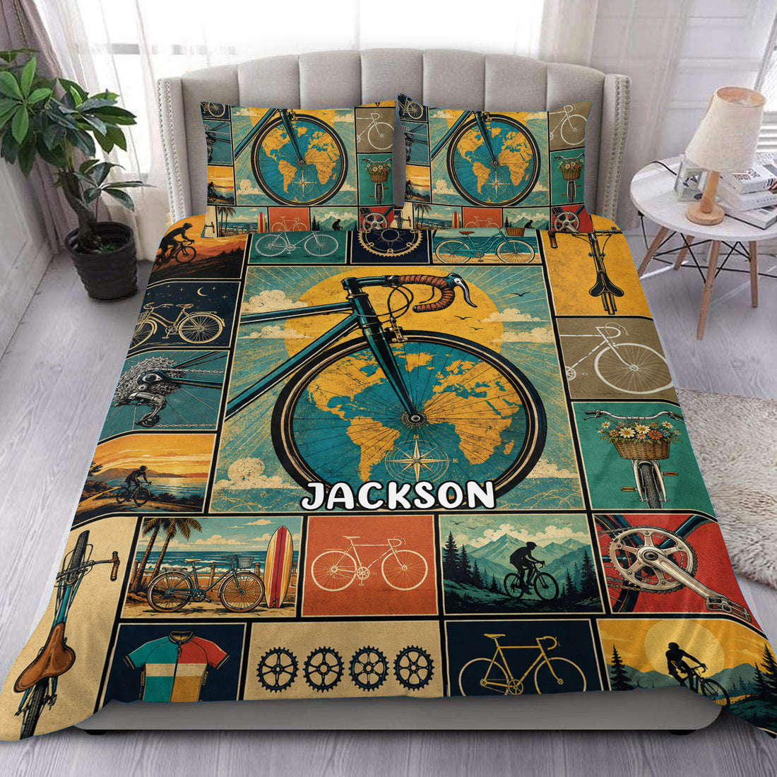 Vintage bicycle duvet cover set displayed on a bed with colorful cycling collage artwork