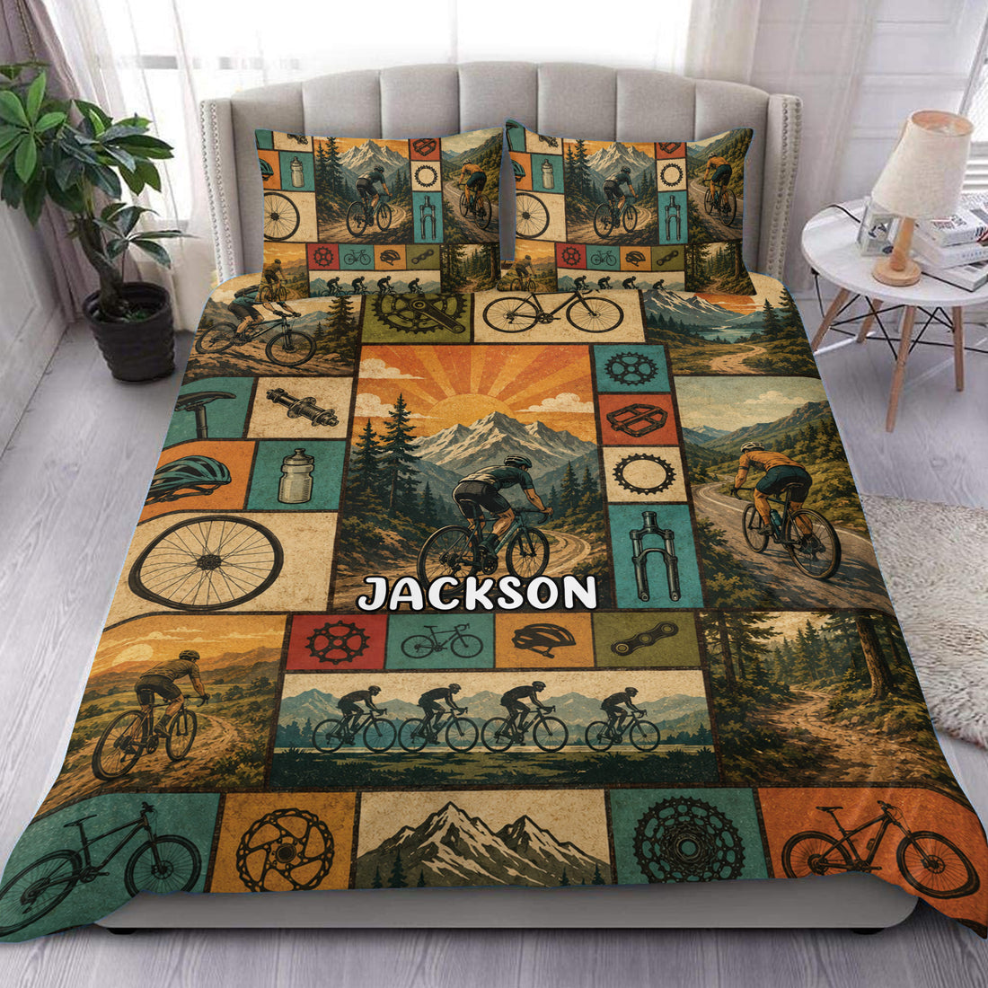 Bicycle duvet cover set displayed on a bed with vintage cycling scenes, mountain roads, and colorful bike details