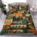 Bicycle duvet cover set displayed on a bed with vintage cycling scenes, mountain roads, and colorful bike details