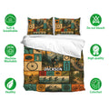 Bicycle bedding set with cyclist artwork, mountain landscapes, and coordinating pillowcases shown in a bedroom display