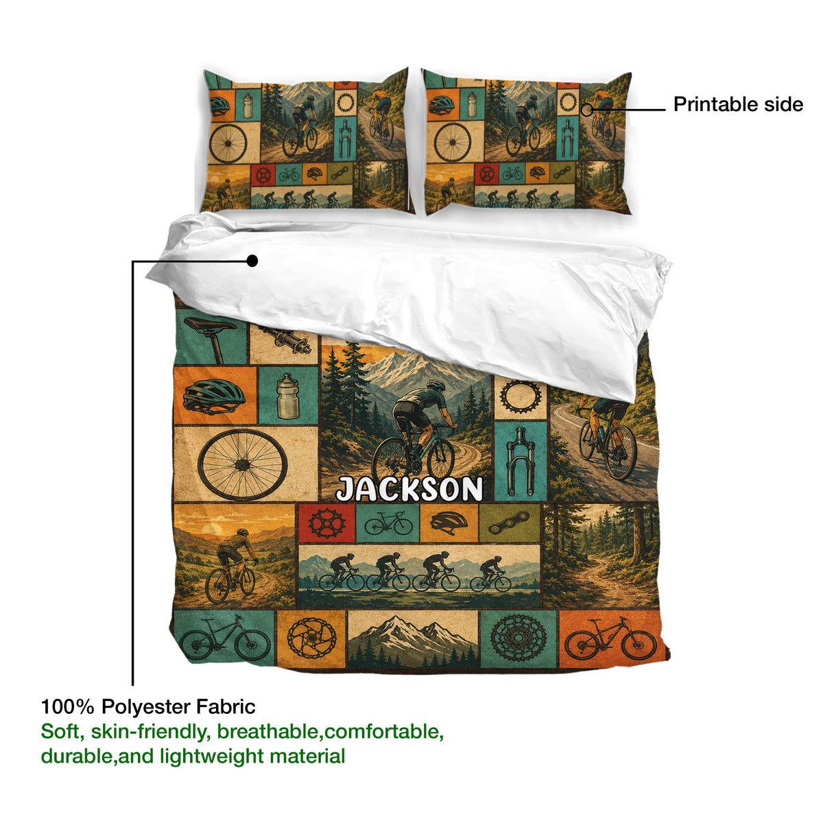 Bicycle duvet cover set product view highlighting the printed cycling artwork and soft polyester fabric