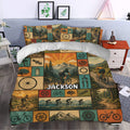 Bicycle duvet cover bedding set styled in a bedroom with cyclists, bicycles, mountain scenery, and warm vintage colors