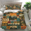 Bicycle bedding set displayed in a bright bedroom with cycling scenes, mountain artwork, and matching pillowcases