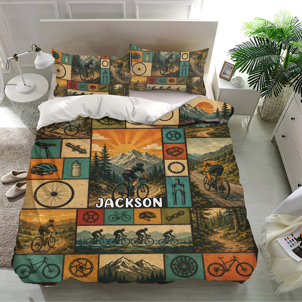 Bicycle bedding set displayed in a bright bedroom with cycling scenes, mountain artwork, and matching pillowcases