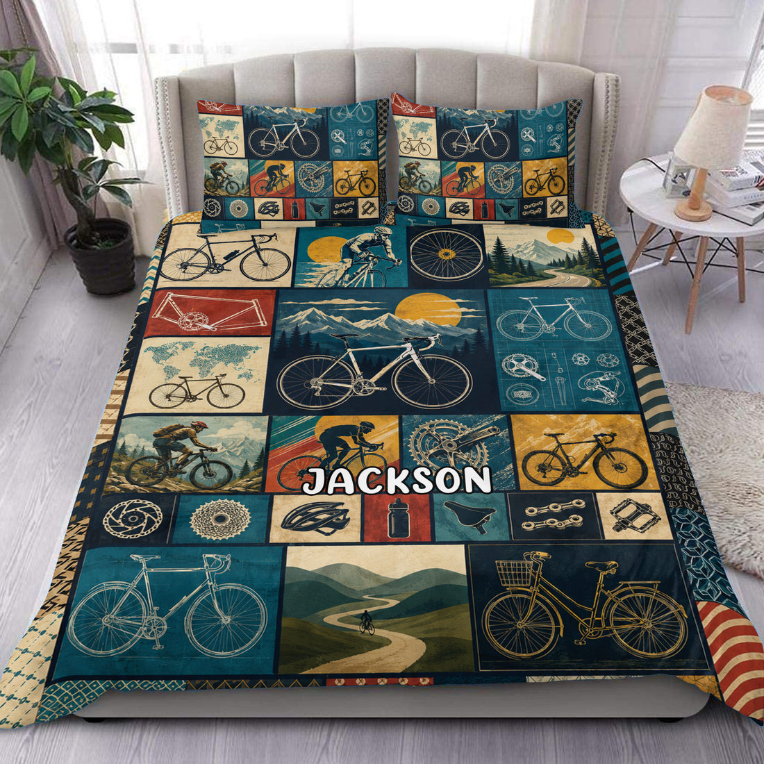 Bicycle duvet cover set displayed on a bed with vintage cycling, mountain, and bicycle blueprint artwork
