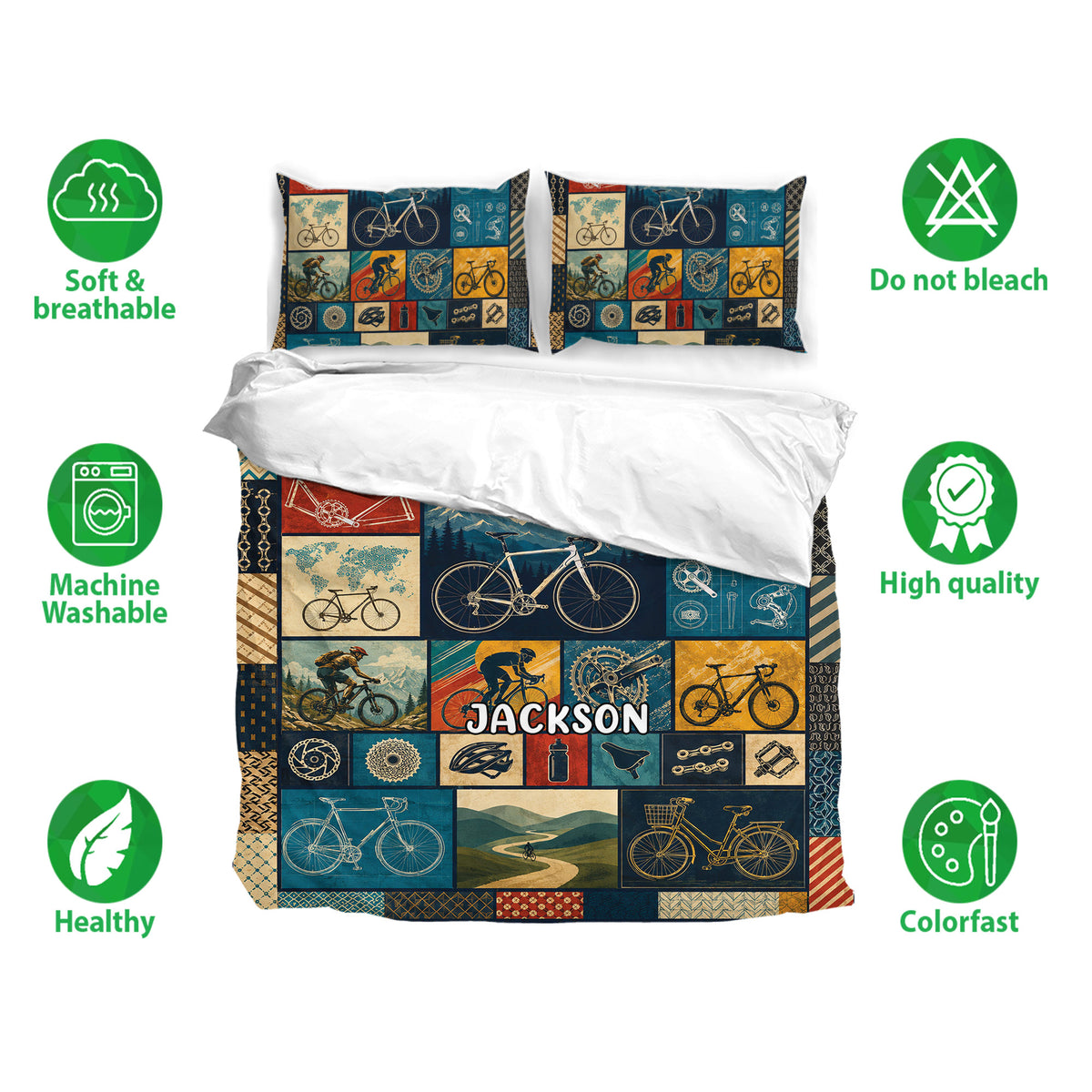 Bicycle bedding set with matching pillowcases, colorful cycling artwork, and soft breathable fabric features