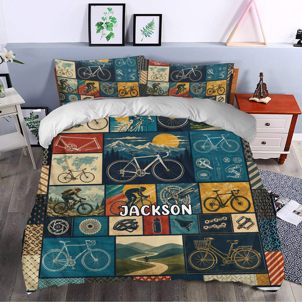 Cycling-themed duvet cover set styled in a bedroom with vintage bicycles, mountains, and bold teal artwork