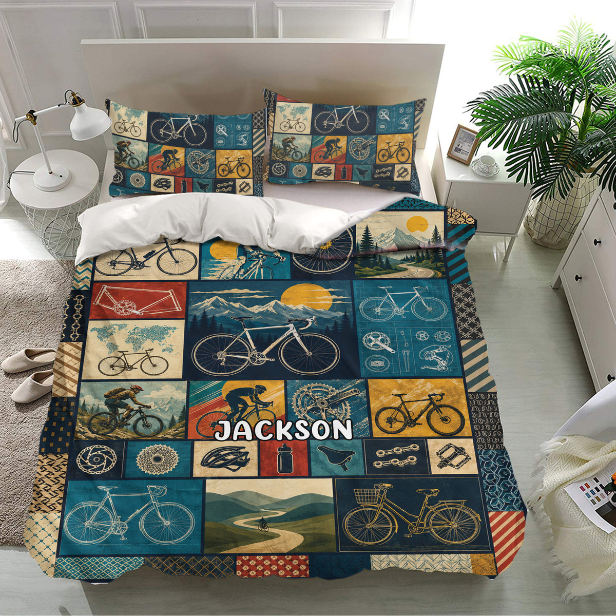 Bicycle bedding set in a bright bedroom featuring vintage bike illustrations, cycling gear, and scenic mountain panels