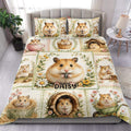 Hamster duvet cover set displayed on a bed with floral panels and charming garden scenes