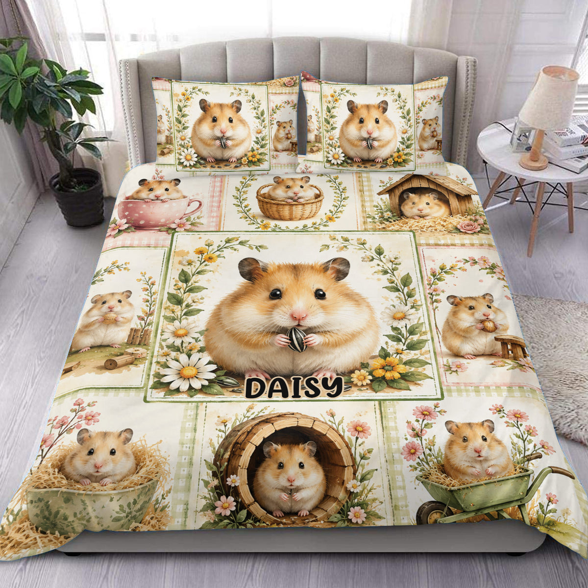 Hamster duvet cover set displayed on a bed with floral panels and charming garden scenes