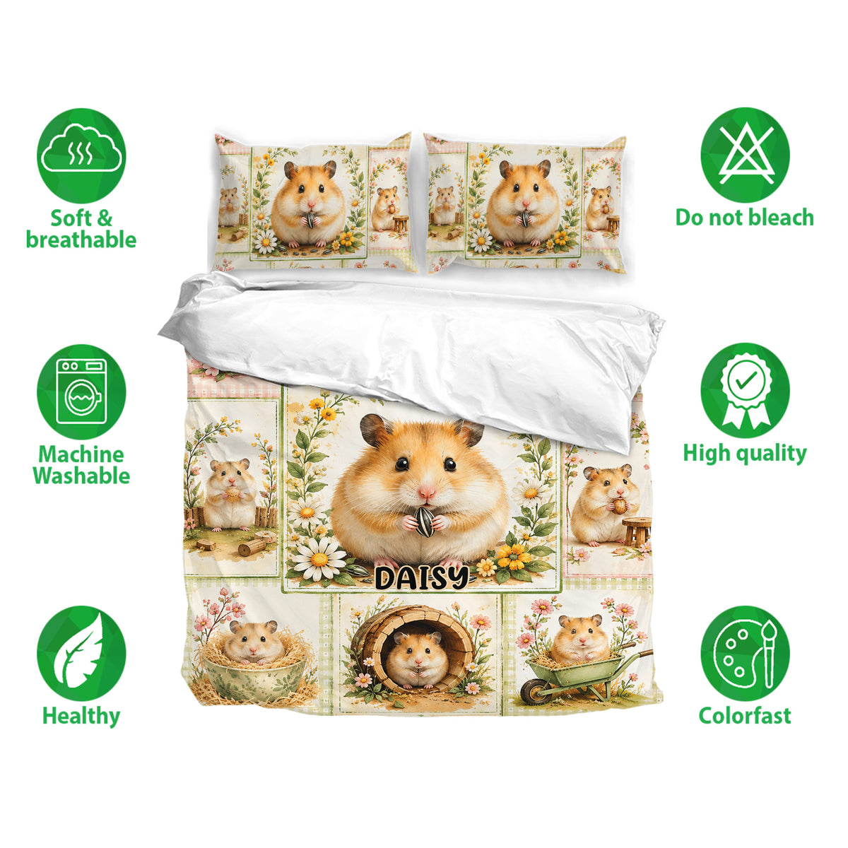 Hamster bedding set with floral artwork, matching pillowcases, and soft breathable fabric callouts
