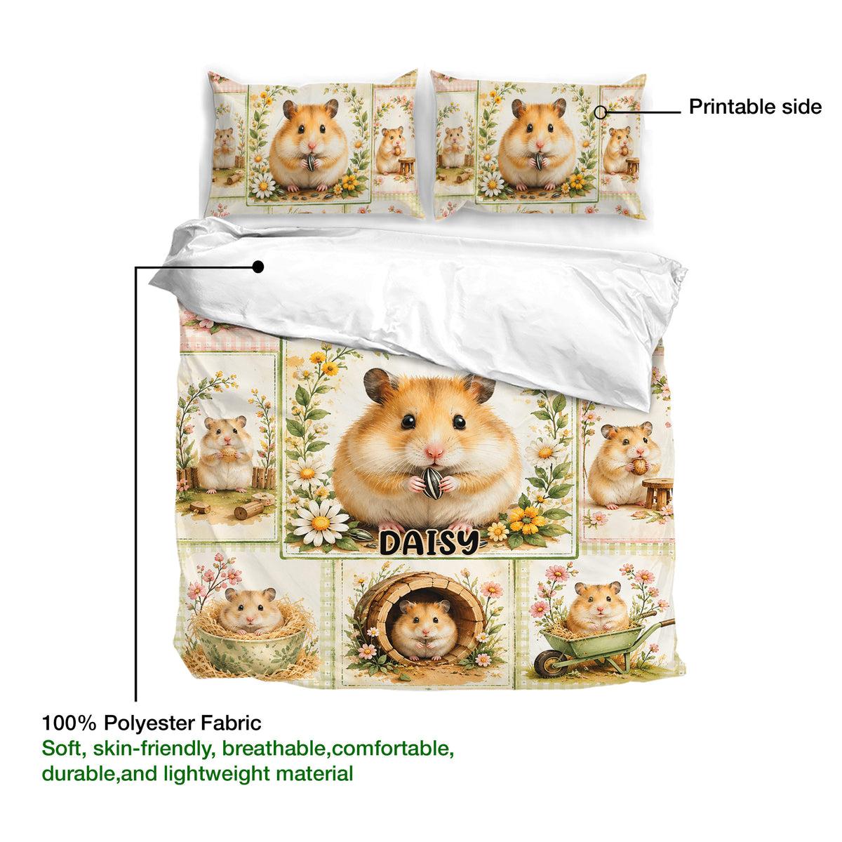 Hamster duvet cover and pillowcases shown with printable artwork and lightweight polyester fabric