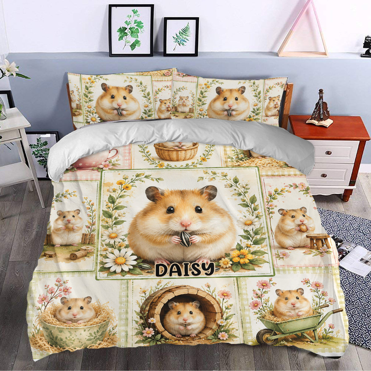 Hamster duvet cover bedding set styled in a bedroom with floral accents and garden-inspired artwork