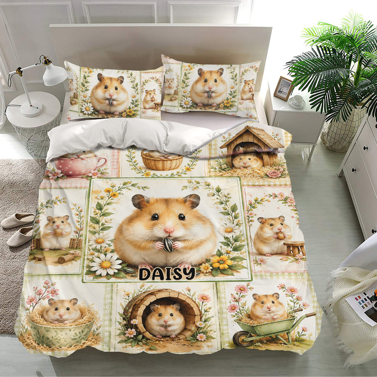 Hamster bedding set displayed in a bright bedroom with matching pillowcases and floral animal scenes