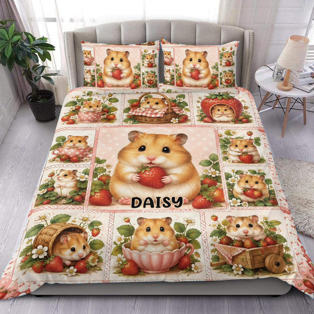 Hamster duvet cover set with strawberry-themed patchwork artwork styled on a bedroom bed