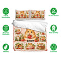 Strawberry hamster duvet cover bedding set shown with matching pillowcases and soft breathable fabric icons