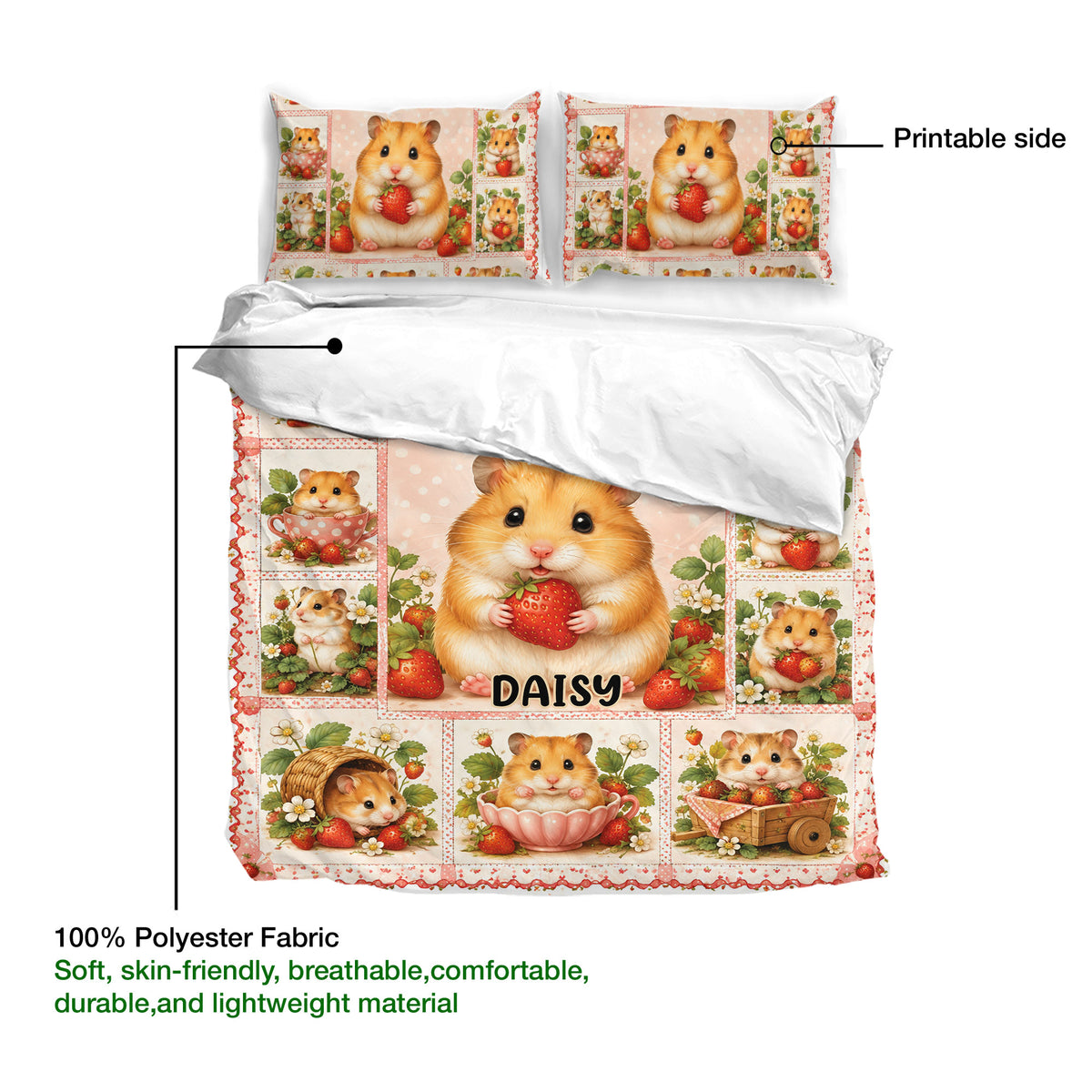 Hamster strawberry duvet cover set showing the printable artwork side and lightweight polyester fabric