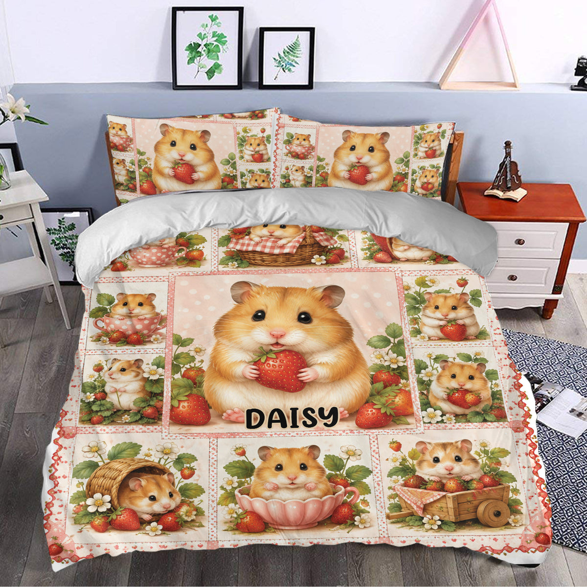 Hamster duvet cover bedding set styled in a bedroom with strawberry artwork and matching pillows