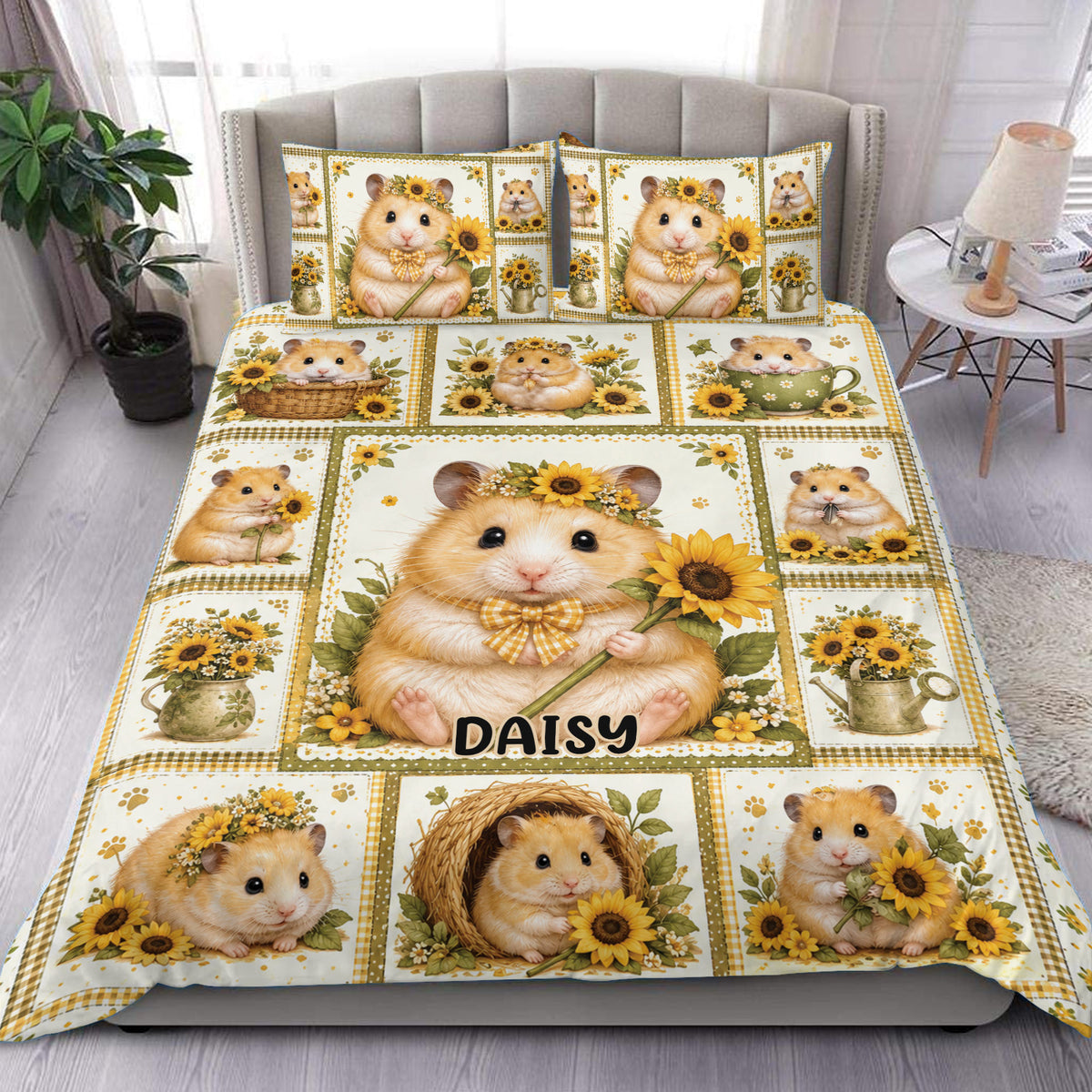 Hamster duvet cover set displayed on a bed with sunflower artwork and warm yellow farmhouse-inspired accents