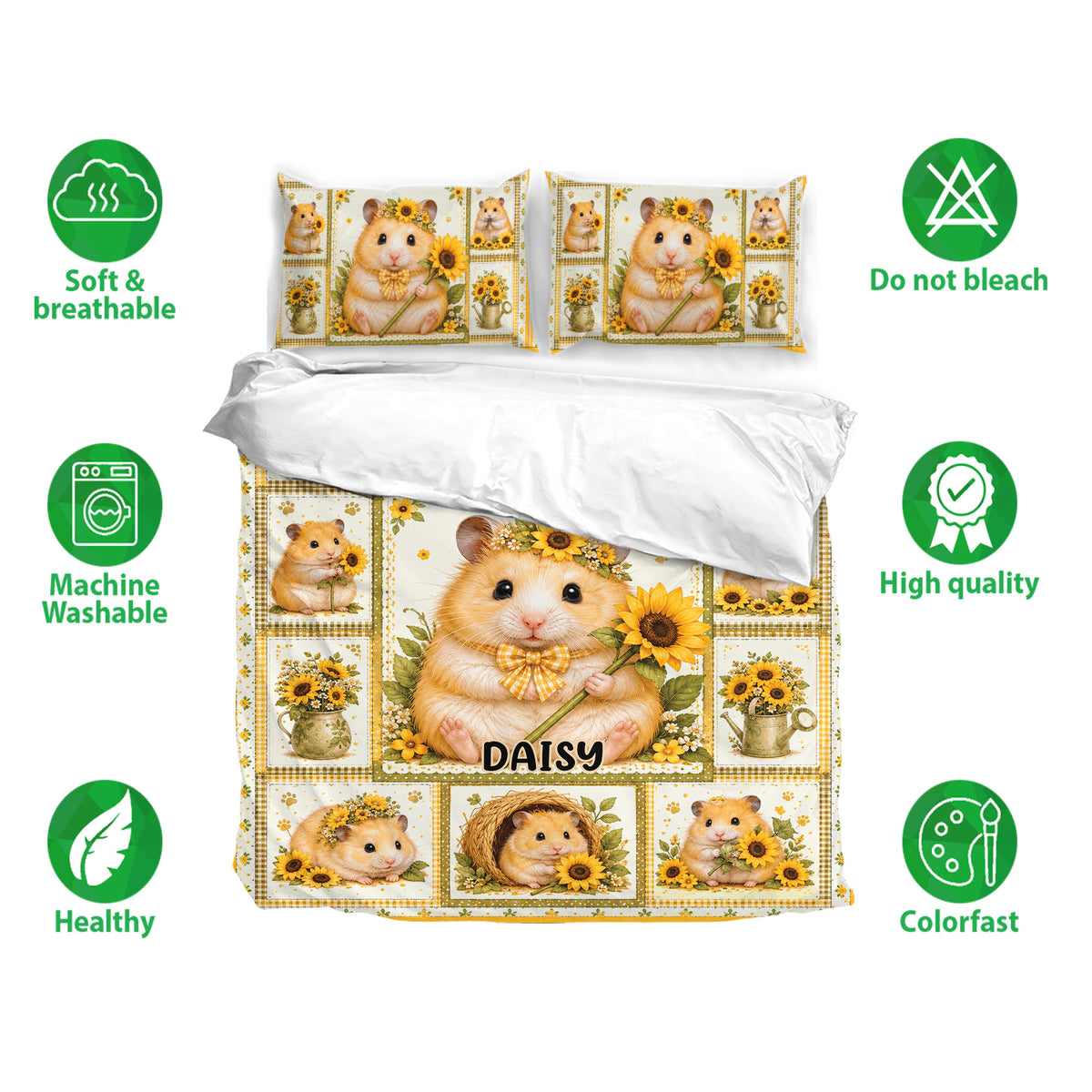 Hamster bedding set with sunflower print shown with matching pillows in a bright bedroom presentation