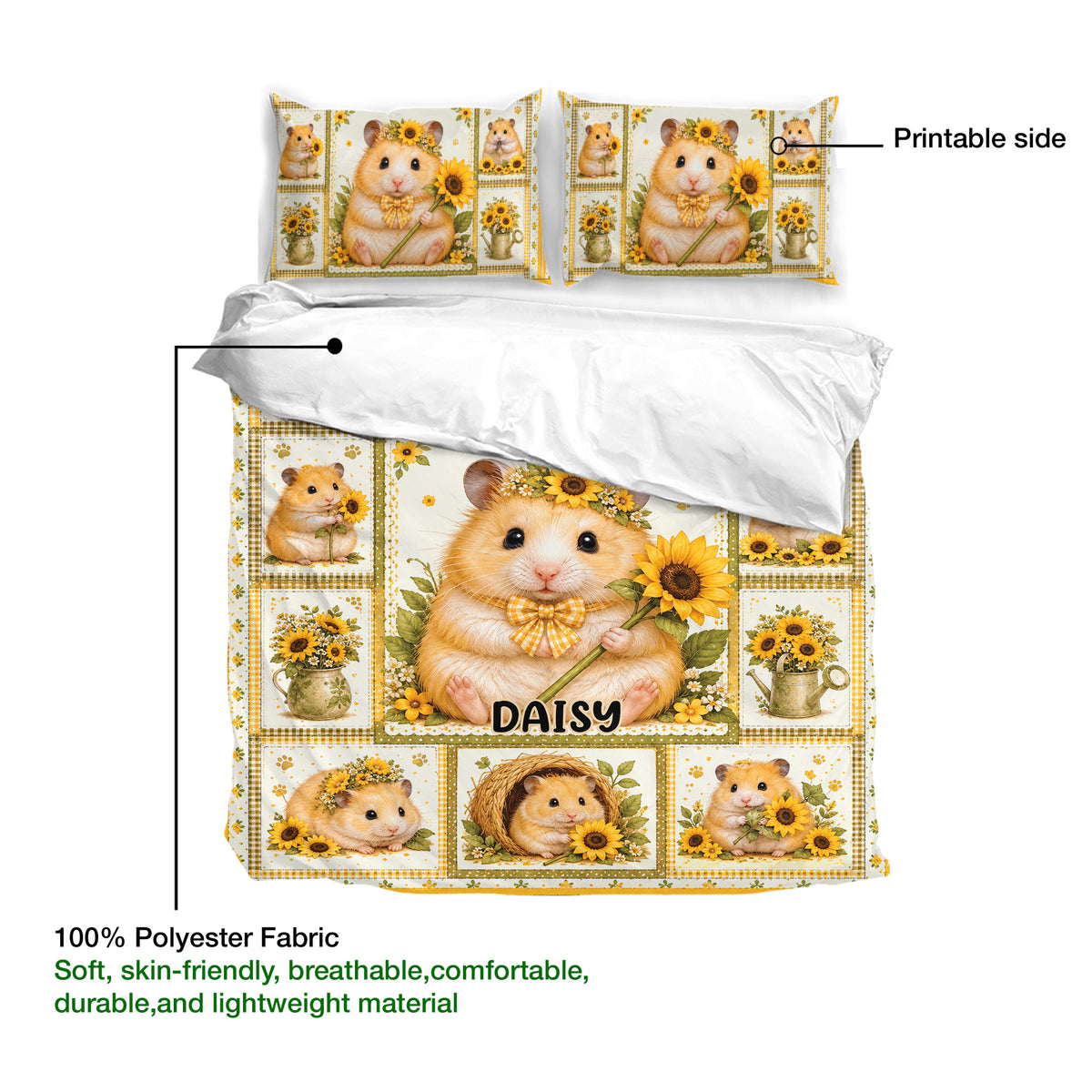 Hamster duvet cover and matching pillowcases displayed with a sunflower collage design and soft fabric detail