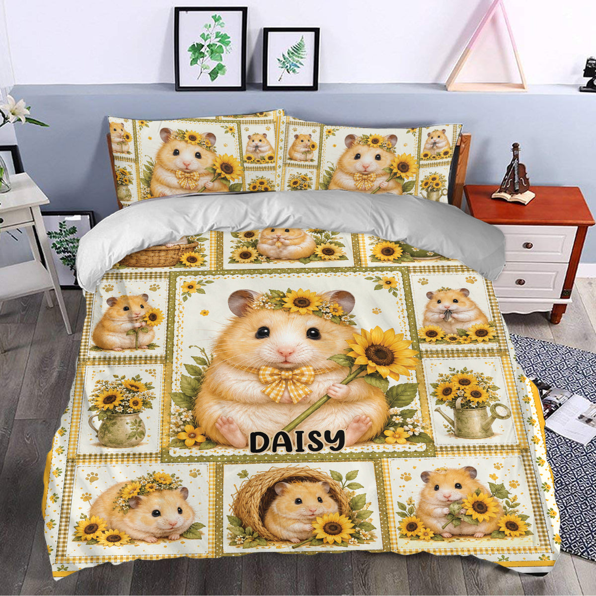 Hamster duvet cover bedding set styled in a bedroom with sunflower panels and playful small-pet artwork