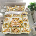 Sunflower hamster bedding set arranged on a modern bed with matching pillowcases and cheerful golden tones