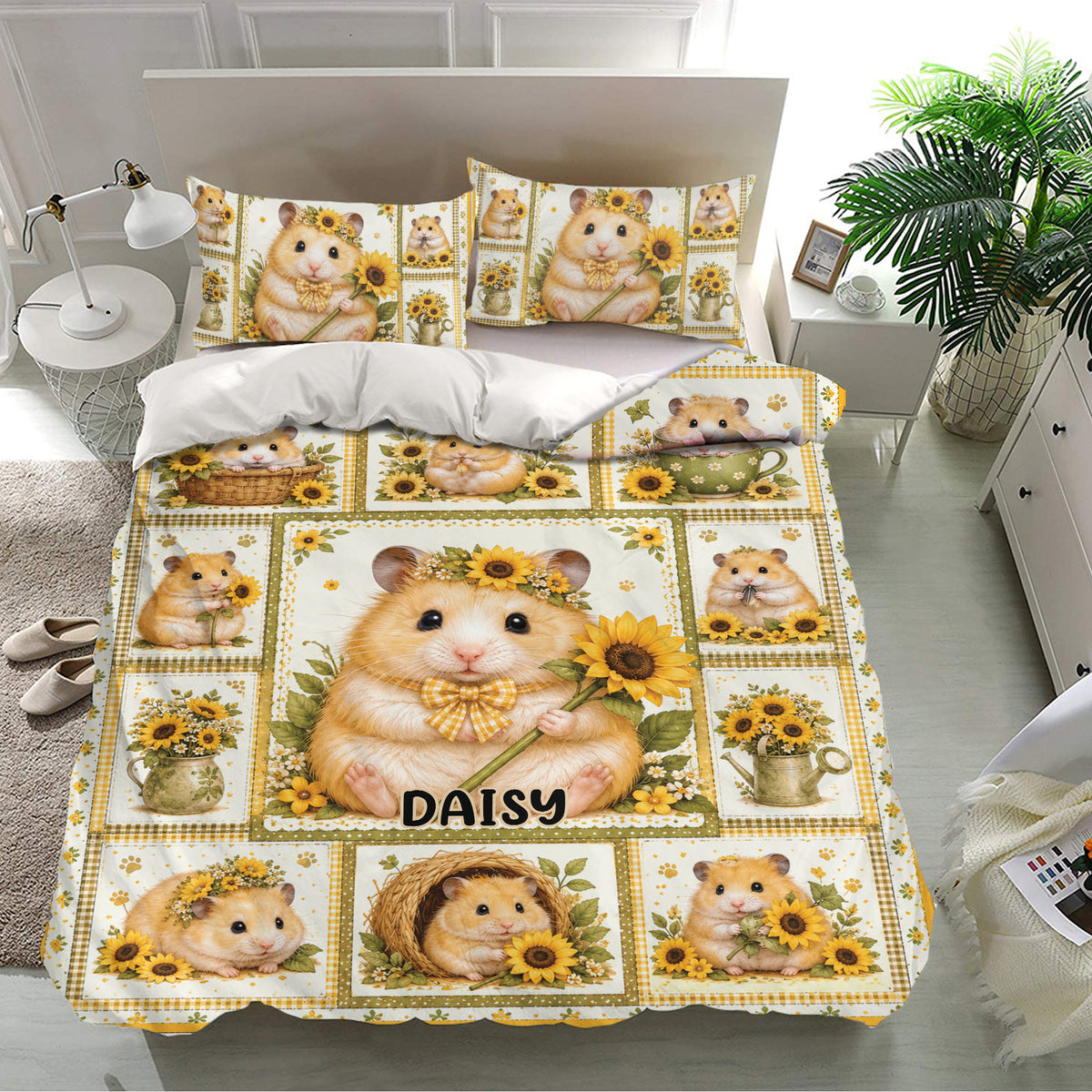 Sunflower hamster bedding set arranged on a modern bed with matching pillowcases and cheerful golden tones