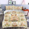 Hamster duvet cover bedding styled in a bedroom with adorable floral portraits and warm cottage-inspired colors