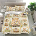Hamster bedding set on a modern bed featuring daisy flowers, teacup scenes, gingham accents, and matching pillows