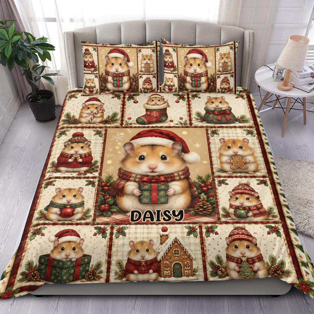Christmas hamster duvet cover bedding set displayed on a bed with matching festive pillowcases
