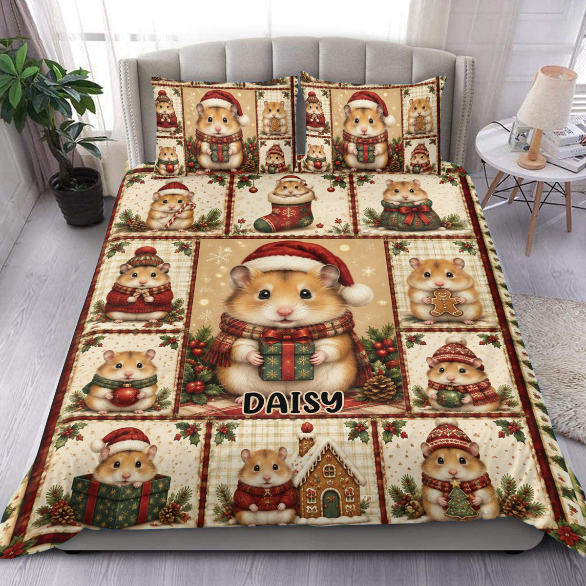 Christmas hamster duvet cover bedding set displayed on a bed with matching festive pillowcases