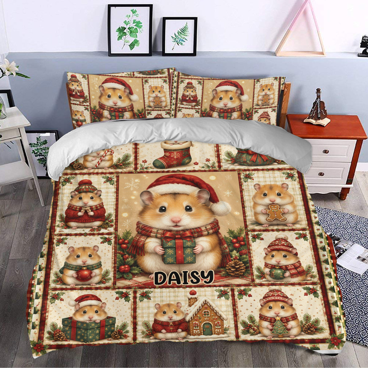Christmas hamster duvet cover styled in a bedroom with cozy holiday artwork and festive colors
