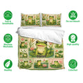 Frog duvet cover bedding set with matching pillowcases shown alongside soft, breathable, washable feature icons