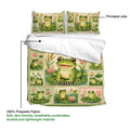 Frog duvet cover set detail showing the printed side, matching pillowcases, and lightweight polyester fabric