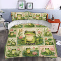 Whimsical frog bedding displayed in a bedroom with smiling frogs, lotus flowers, lily pads, and green patchwork