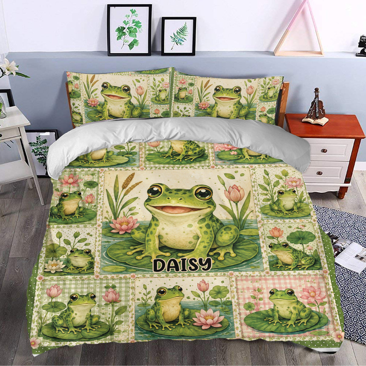 Whimsical frog bedding displayed in a bedroom with smiling frogs, lotus flowers, lily pads, and green patchwork