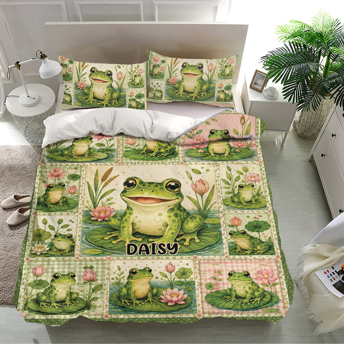 Frog duvet cover set styled in a bright bedroom with matching frog pillowcases and pond-inspired floral artwork